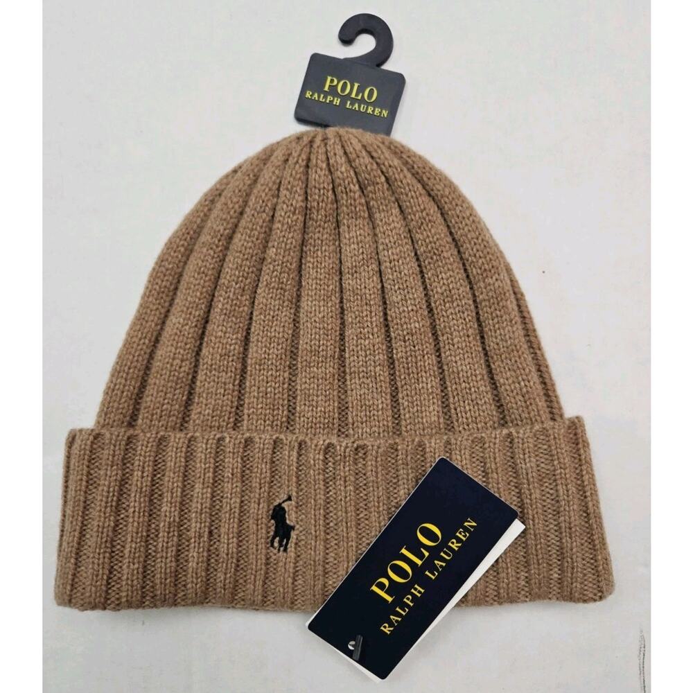 NWT Polo Ralph Lauren Wool Blend Beanie Brown Beige Black Pony